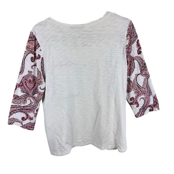 Chico's Zenergy Burgundy Cream Crochet Studded 3/4 Sleeve Cotton Modal Top Sz L - Picture 2 of 5